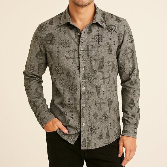 American Rag Grey Anchor Buttonup Shirt Longsleeve - Picture 1 of 9